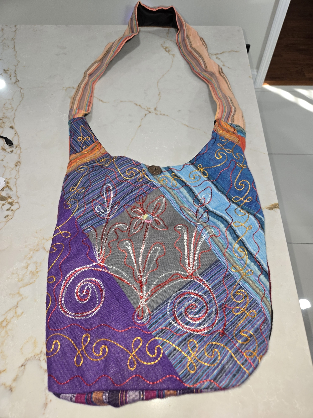 Embroidered Patchwork Shoulder Bag in Purple & Blue